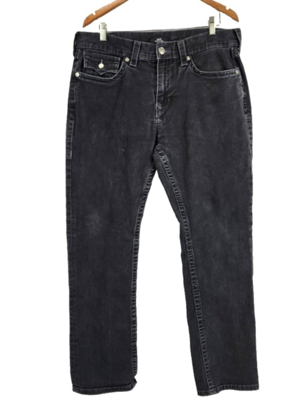 True Religion Brand Jeans Ricky Relaxed Straight Mens 36 Y2K Button Flap Black